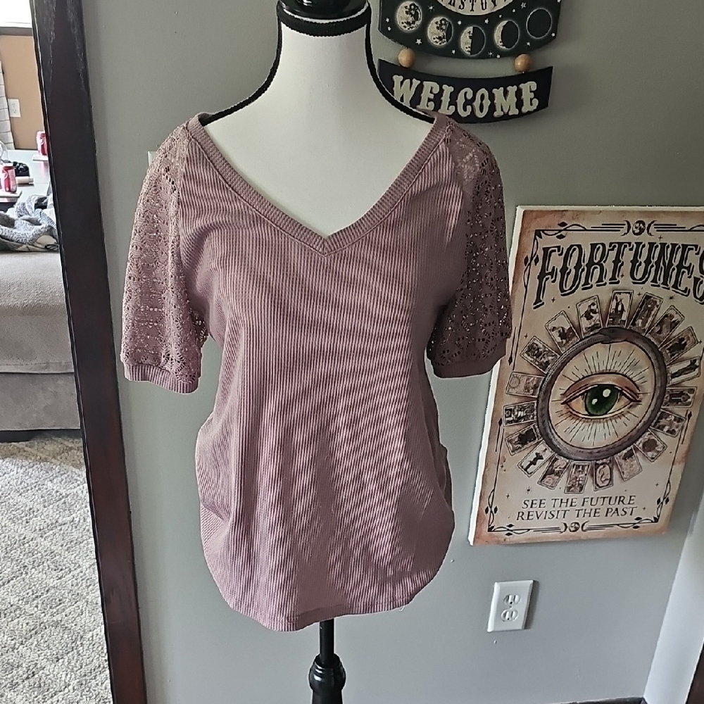 Purple Waffle Knit Lace Sleeve Blouse